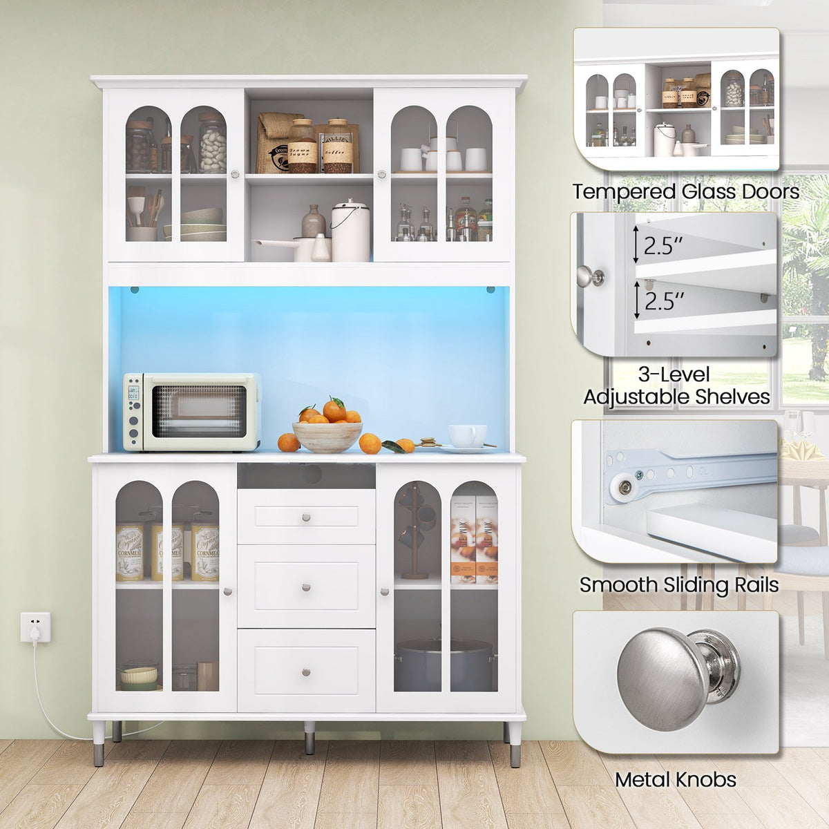 73 Inch Kitchen Pantry Storage Cabinet Freestanding Buffet Cabinet with LED Lights-White view 7