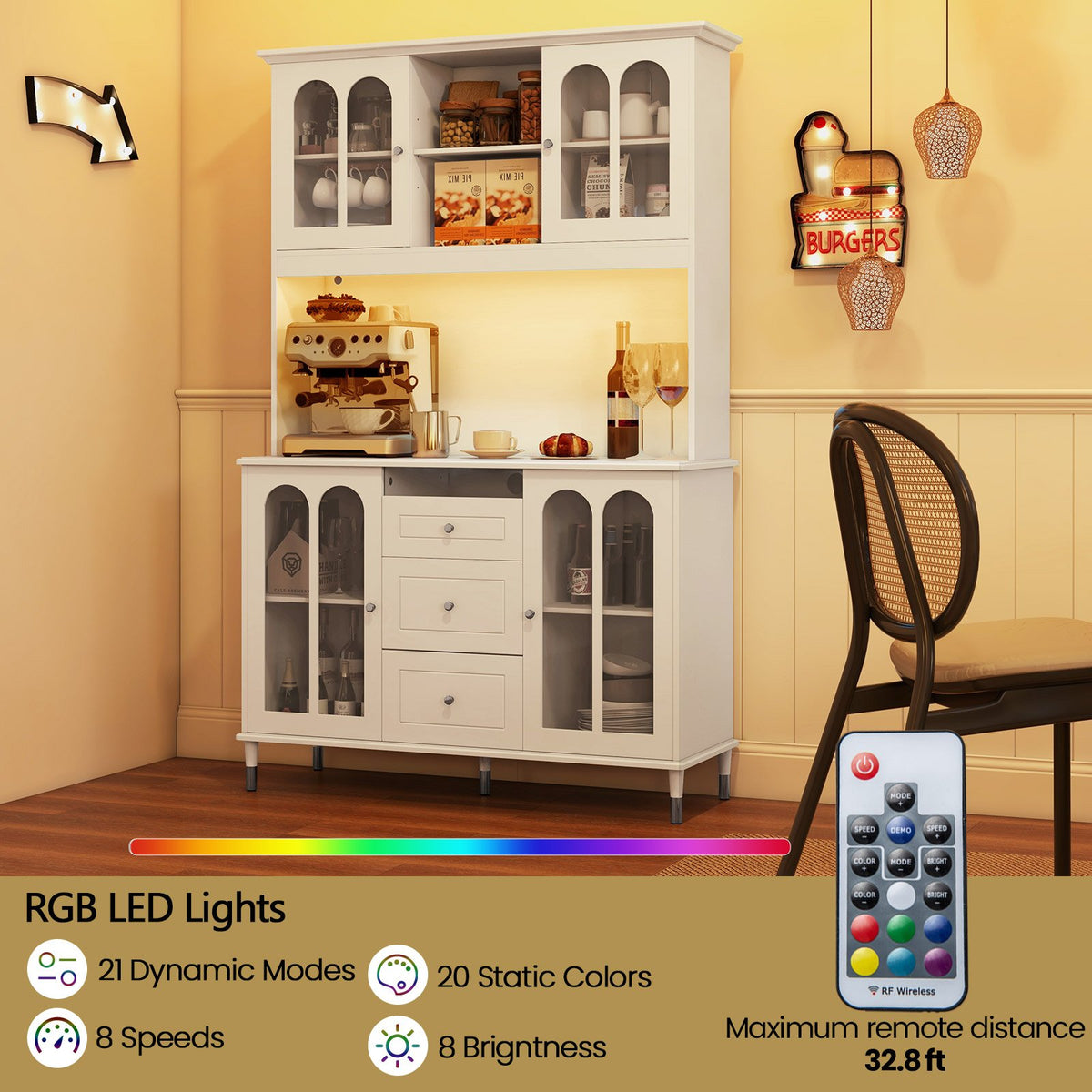 73 Inch Kitchen Pantry Storage Cabinet Freestanding Buffet Cabinet with LED Lights-White view 9