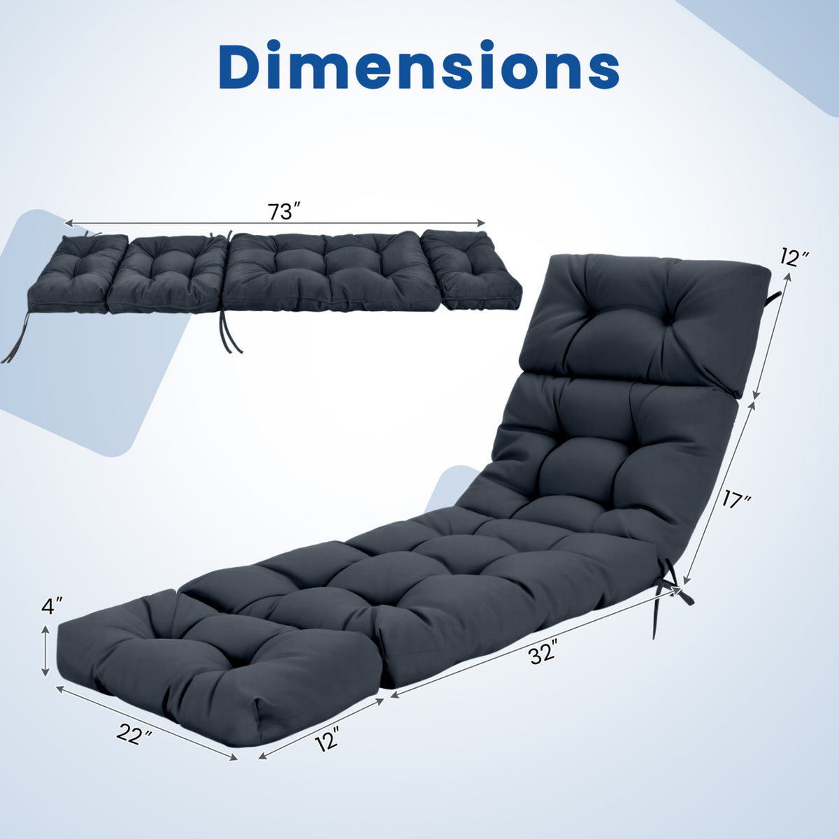 73 inchesx22 inches Outdoor Lounge Chaise Cushion with High Back String Ties Set of 2-Gray view 4