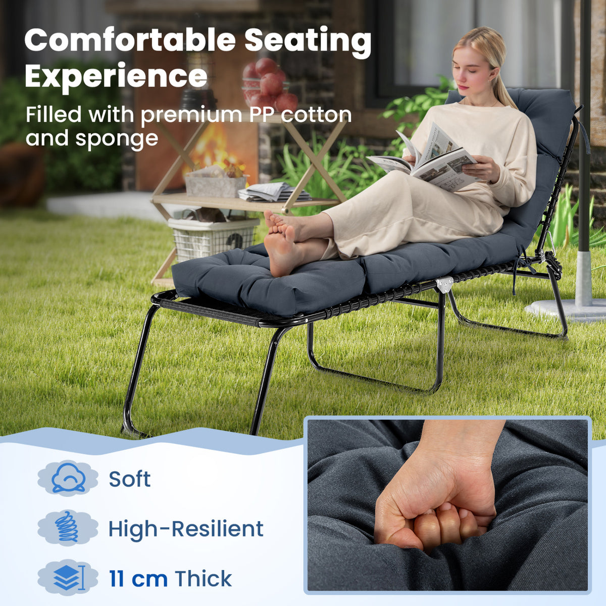 73 inchesx22 inches Outdoor Lounge Chaise Cushion with High Back String Ties Set of 2-Gray view 6