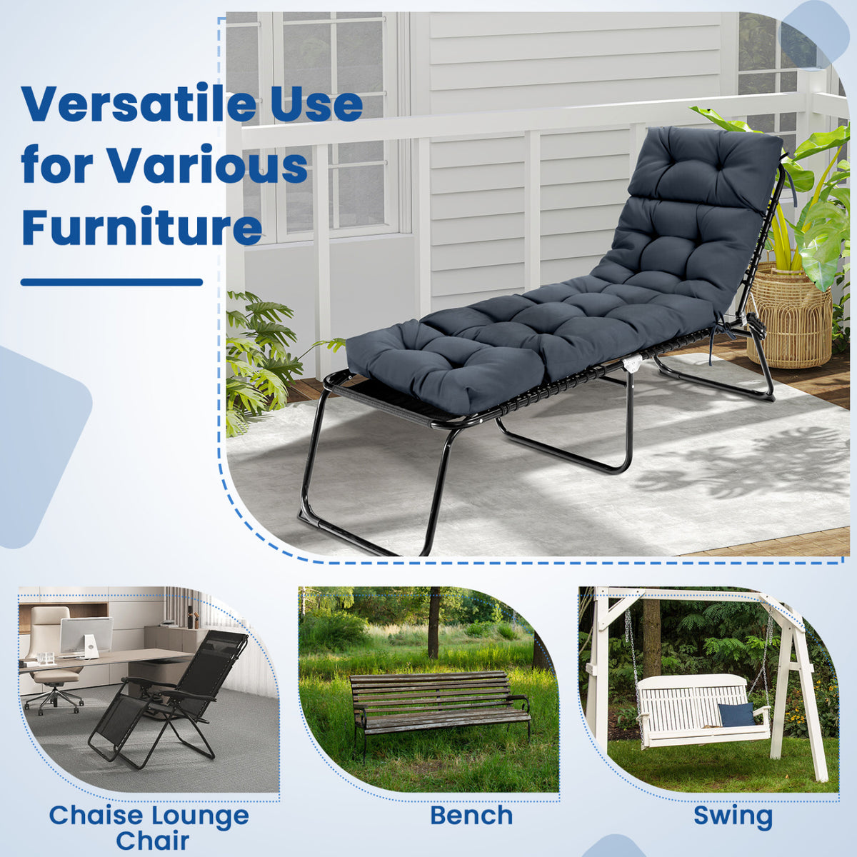 73 inchesx22 inches Outdoor Lounge Chaise Cushion with High Back String Ties Set of 2-Gray view 8