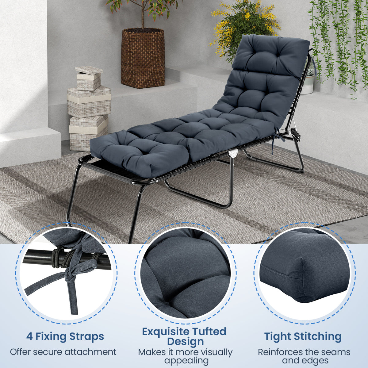 73 inchesx22 inches Outdoor Lounge Chaise Cushion with High Back String Ties Set of 2-Gray view 9