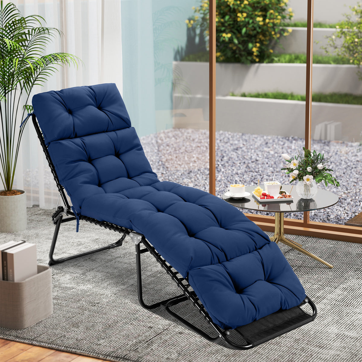 73 inchesx22 inches Outdoor Lounge Chaise Cushion with High Back String Ties Set of 2-Navy view 5