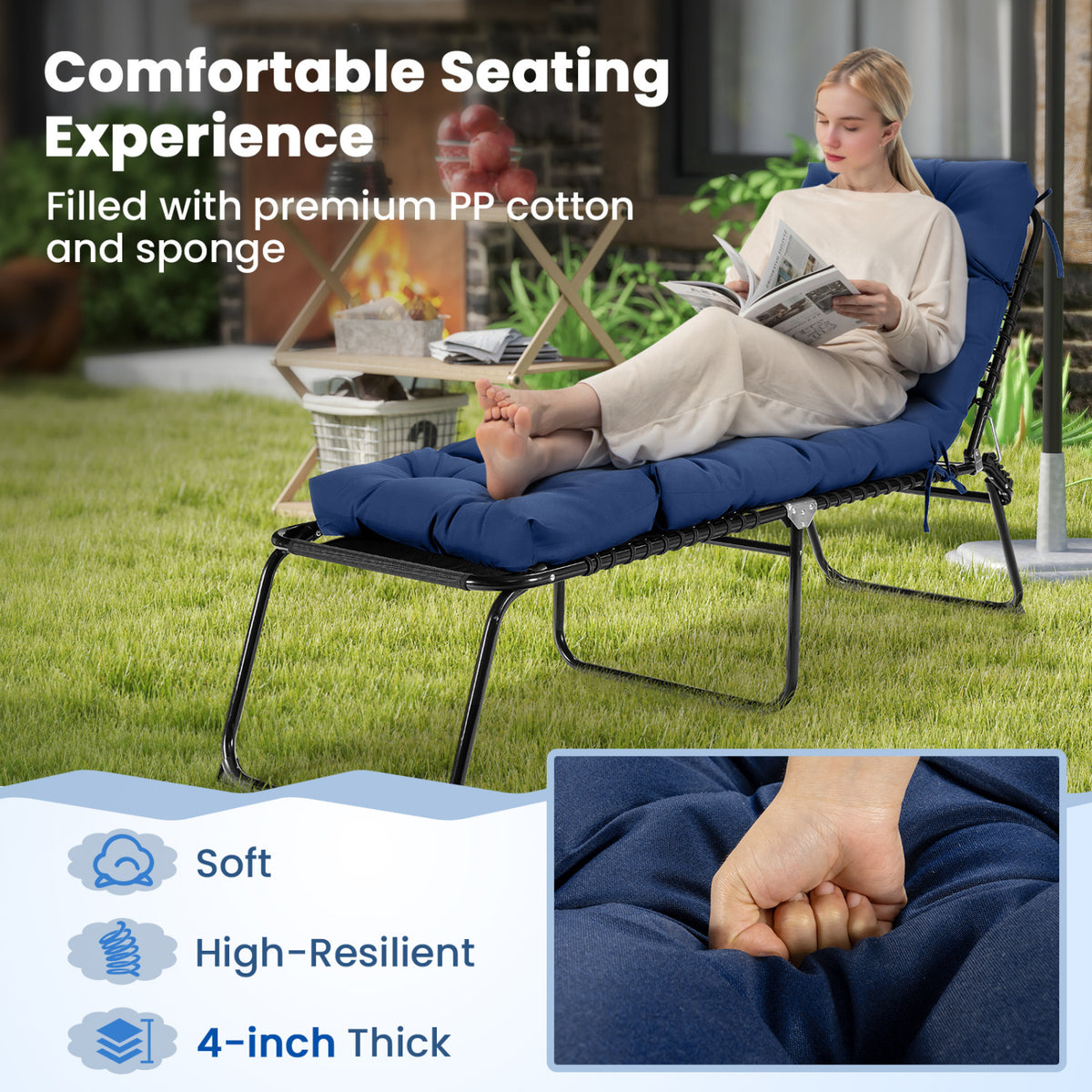 73 inchesx22 inches Outdoor Lounge Chaise Cushion with High Back String Ties Set of 2-Navy view 6