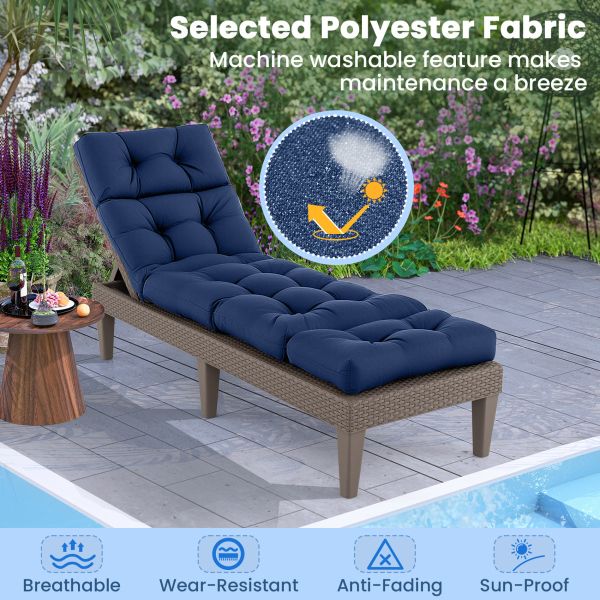 73 inchesx22 inches Outdoor Lounge Chaise Cushion with High Back String Ties Set of 2-Navy view 7