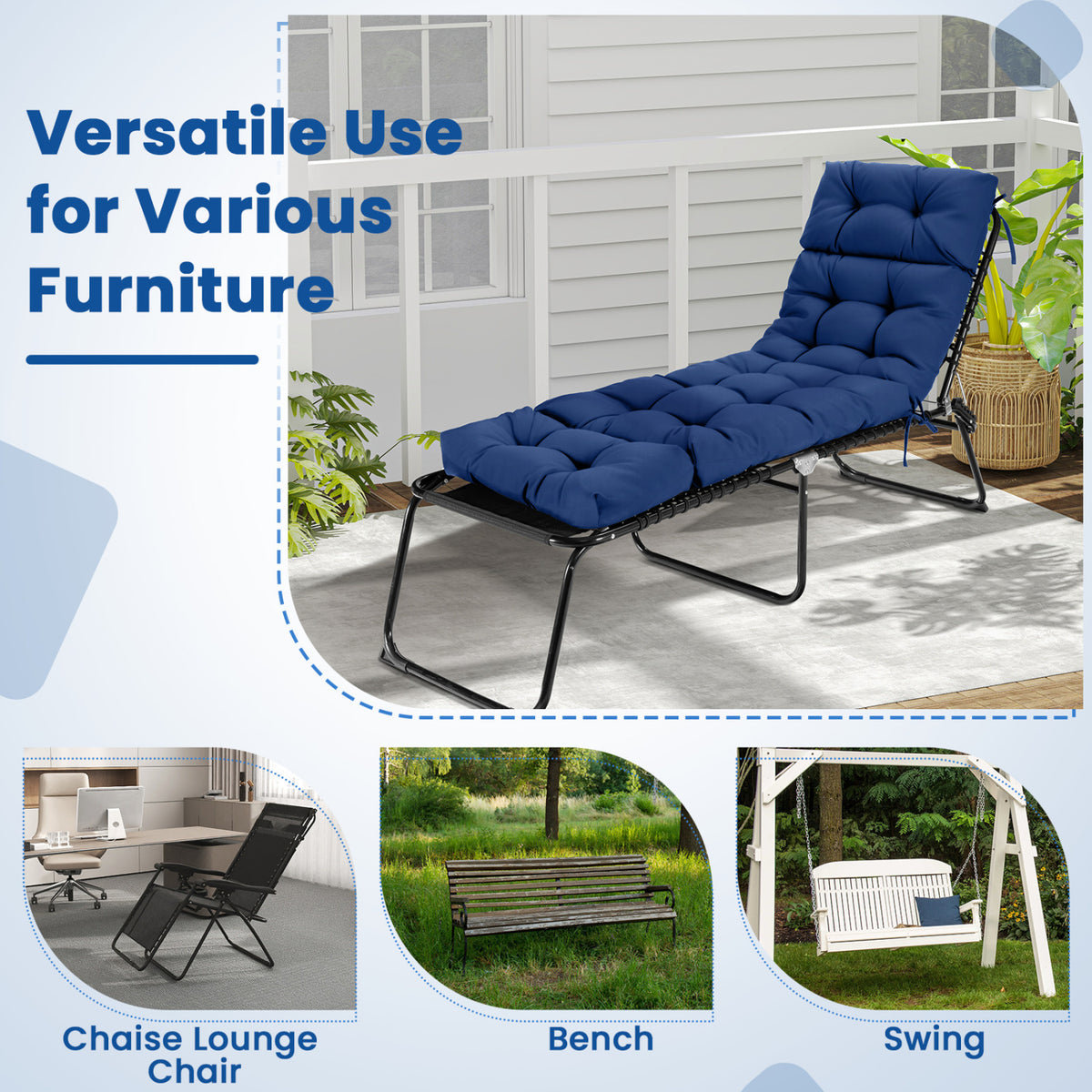 73 inchesx22 inches Outdoor Lounge Chaise Cushion with High Back String Ties Set of 2-Navy view 8