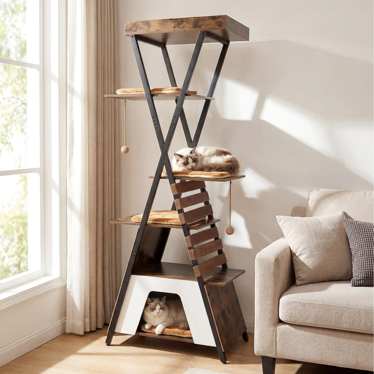 73 Inch Multi-level Cat Tree for Indoor Cats with Elevated Perch and Large Condo-Rustic Brown view 2