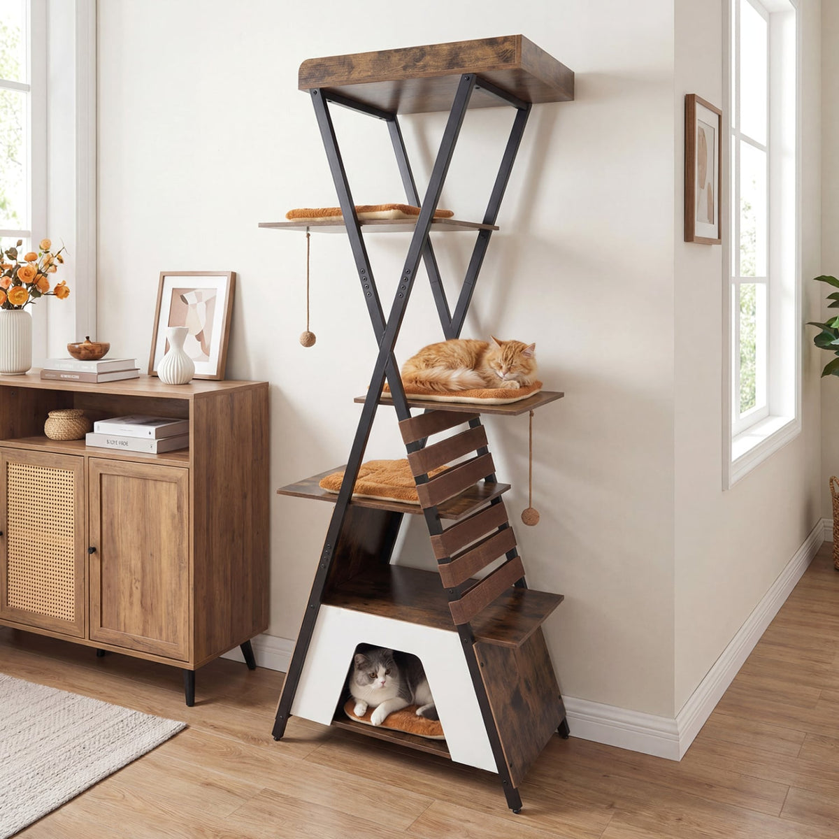 73 Inch Multi-level Cat Tree for Indoor Cats with Elevated Perch and Large Condo-Rustic Brown view 3