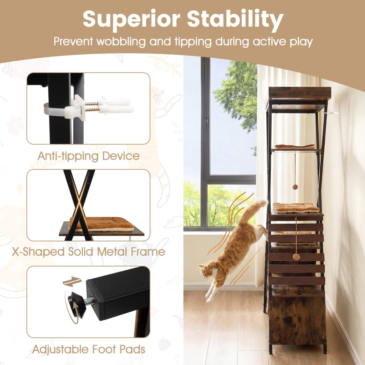 73 Inch Multi-level Cat Tree for Indoor Cats with Elevated Perch and Large Condo-Rustic Brown view 7
