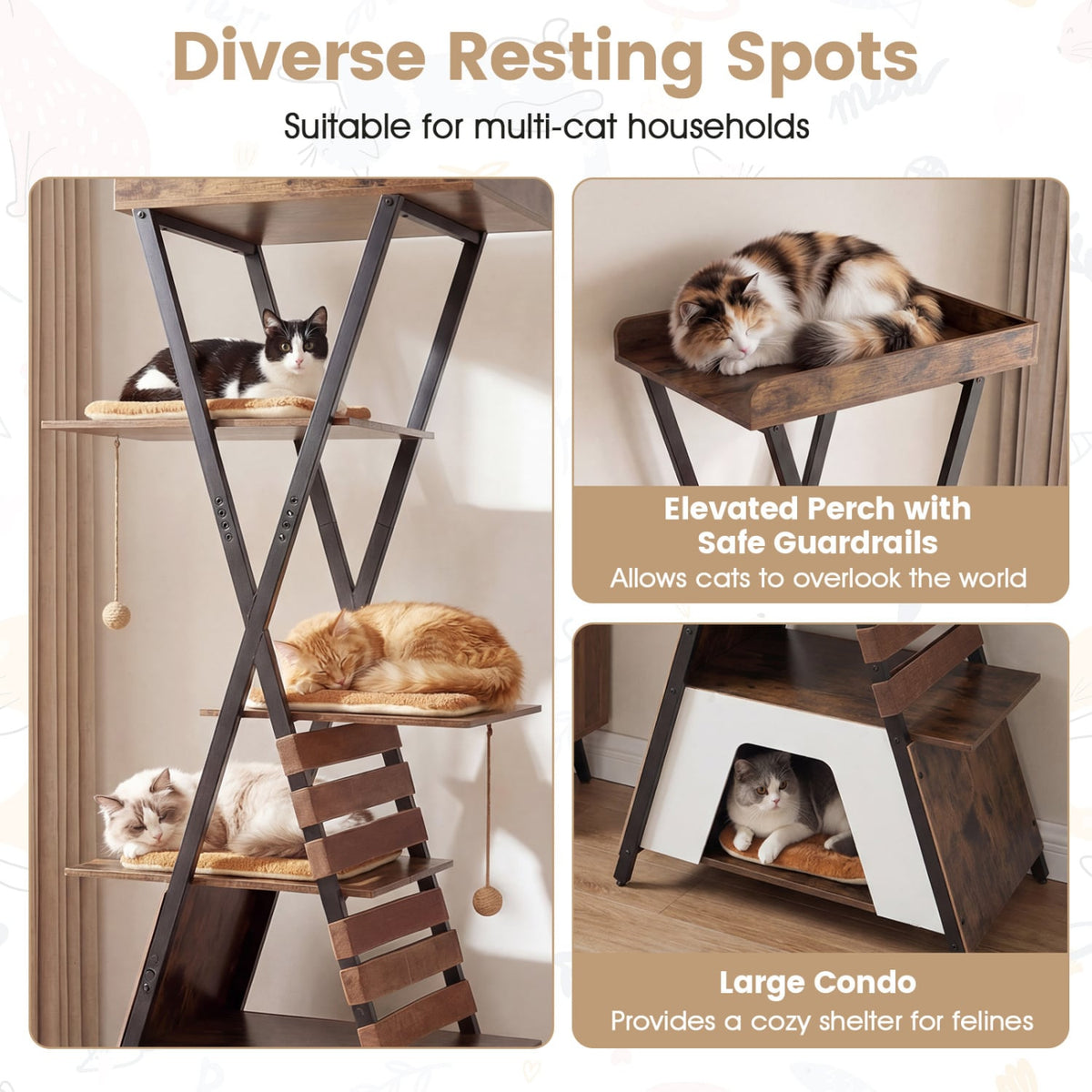 73 Inch Multi-level Cat Tree for Indoor Cats with Elevated Perch and Large Condo-Rustic Brown view 9