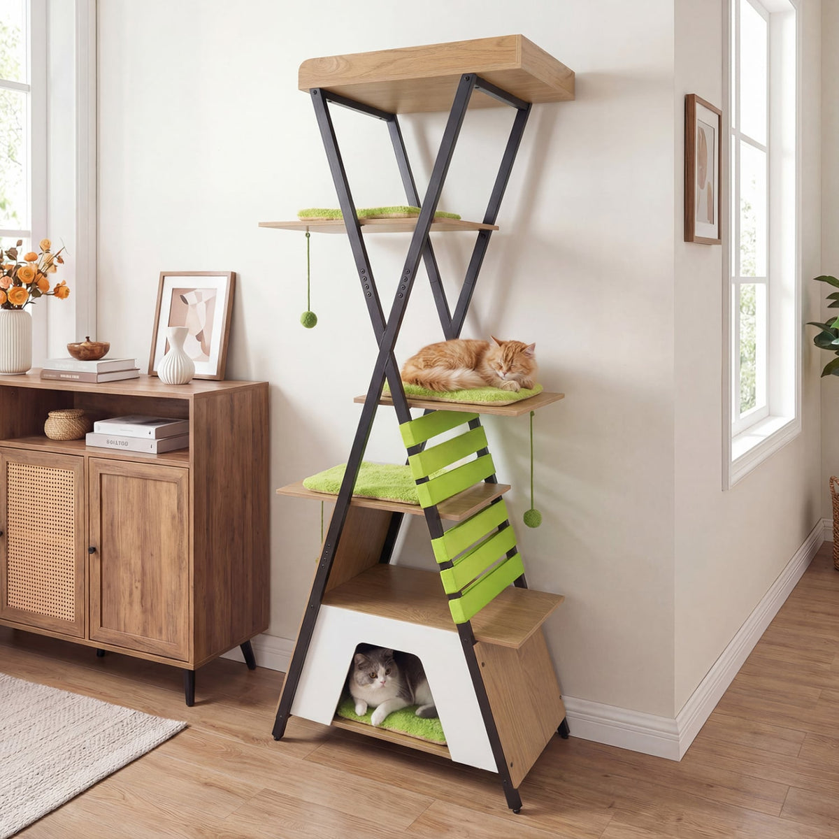 73 Inch Multi-level Cat Tree for Indoor Cats with Elevated Perch and Large Condo-Green view 3