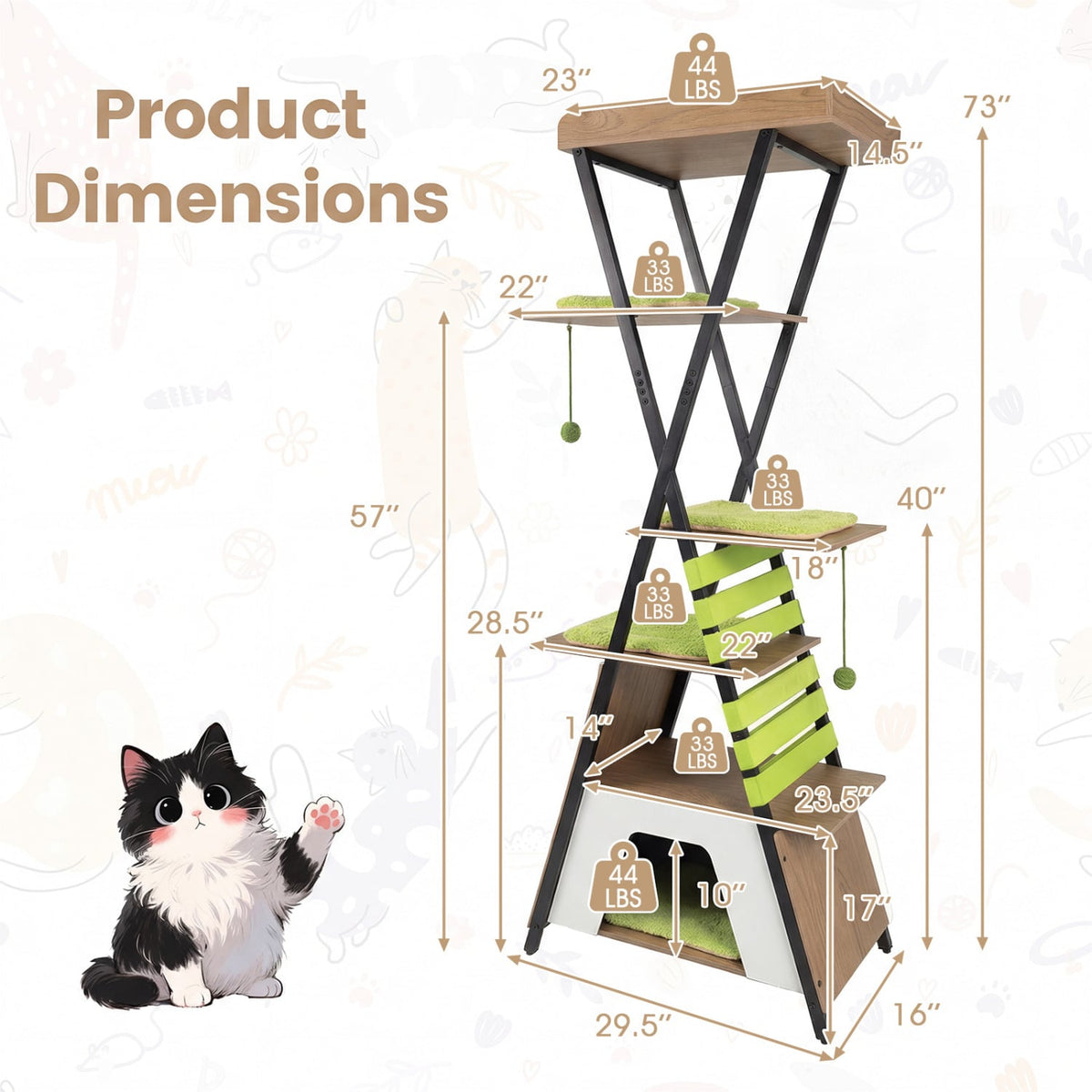 73 Inch Multi-level Cat Tree for Indoor Cats with Elevated Perch and Large Condo-Green view 5