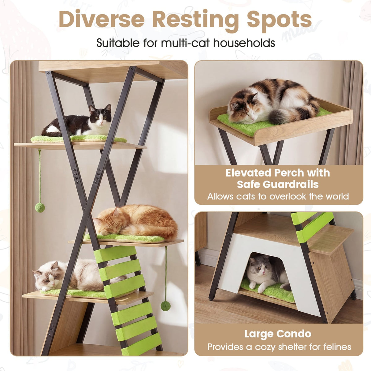 73 Inch Multi-level Cat Tree for Indoor Cats with Elevated Perch and Large Condo-Green view 7