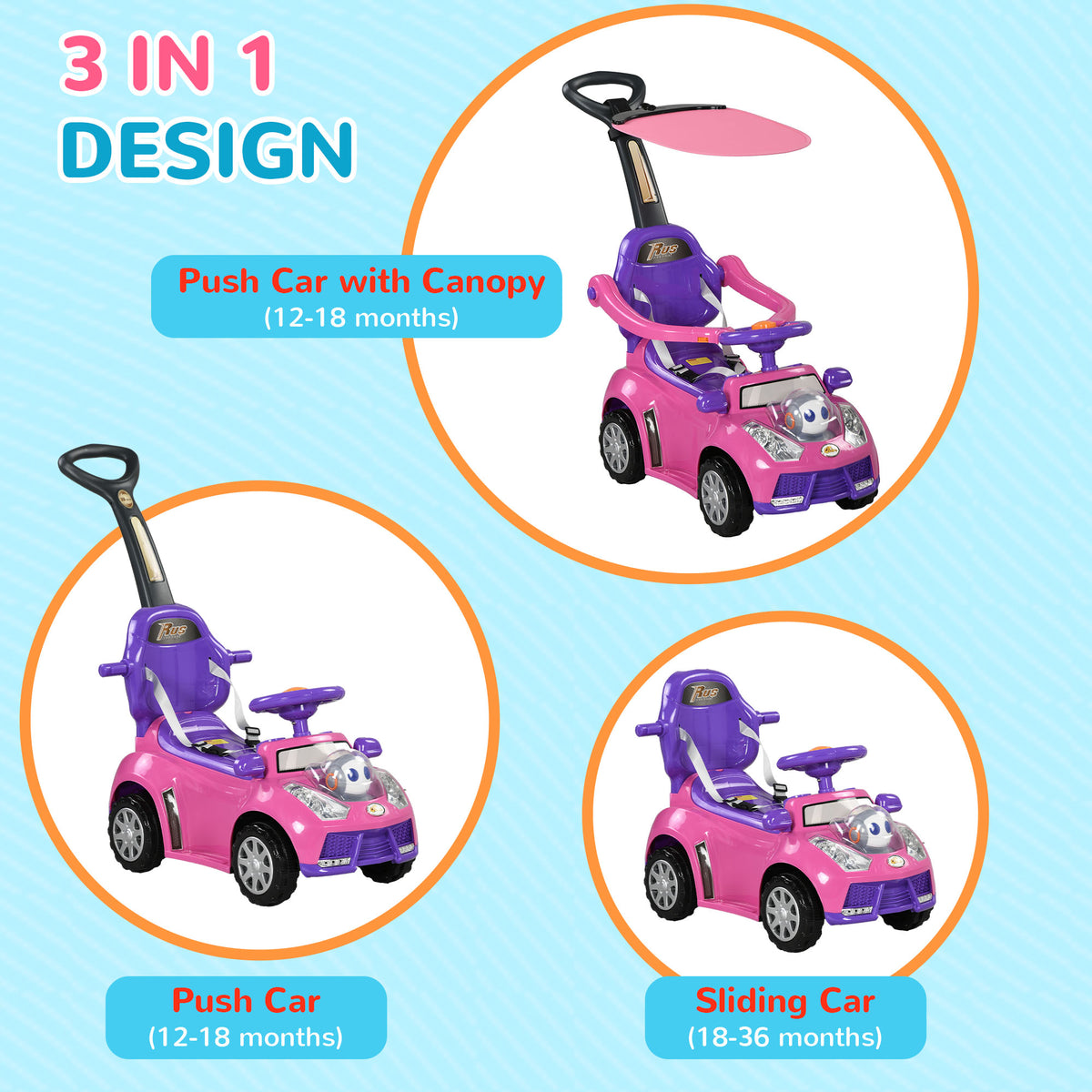 Qaba 3 in 1 Kids Push Car Toddler Sliding Car, Foot to Floor Design with Music, Light, Handle, Removable Canopy