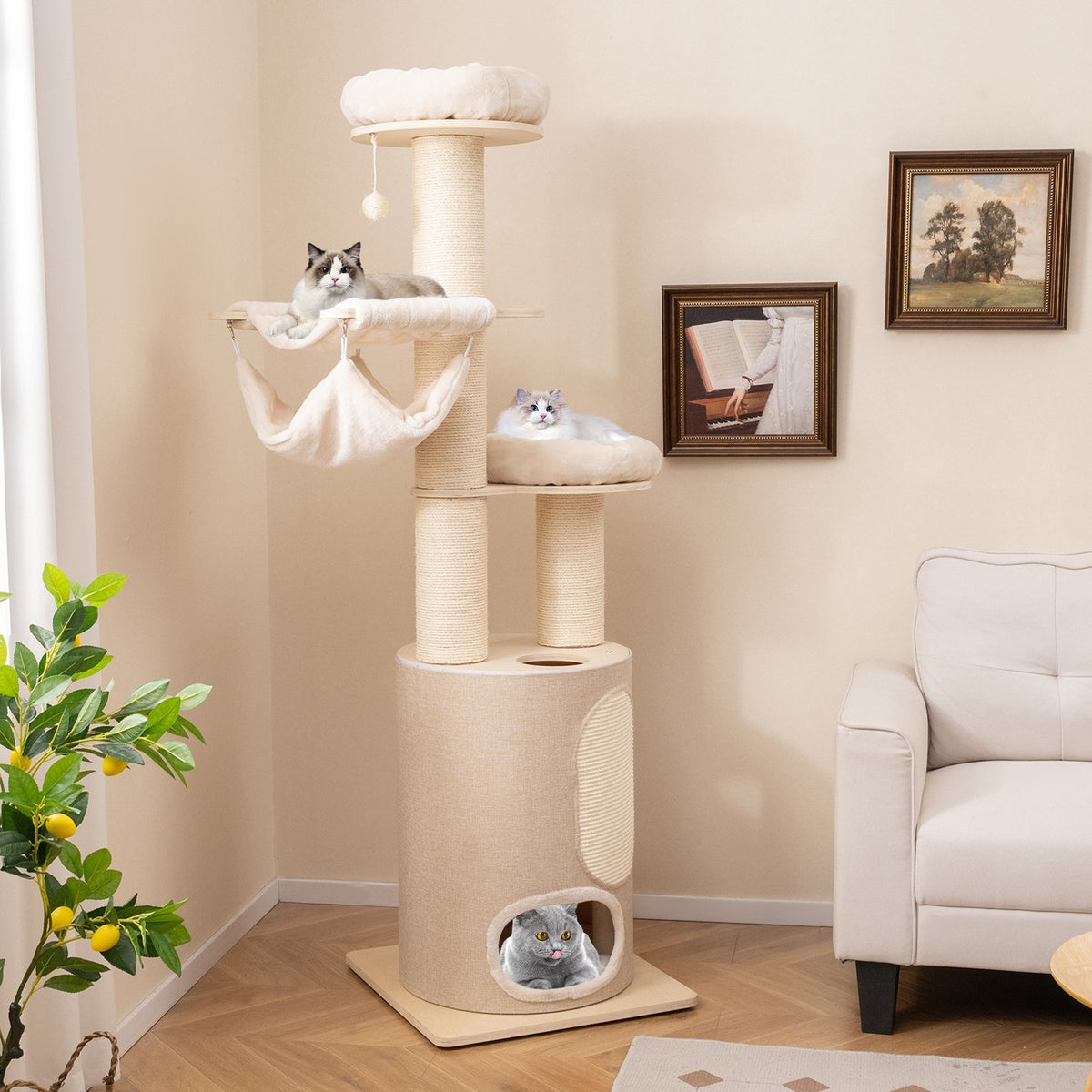 74 Inches Tall Wooden Cat Tower Tree with 2-Story Cat Condo and Washable Cushions-Natural view 2
