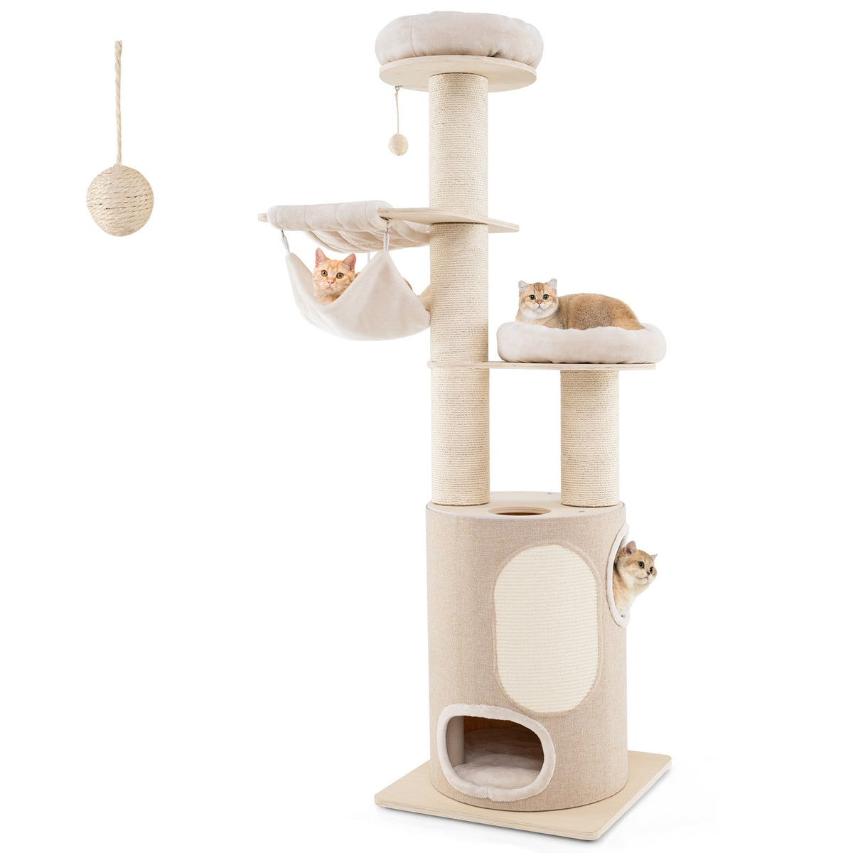 74 Inches Tall Wooden Cat Tower Tree with 2-Story Cat Condo and Washable Cushions-Natural view 3