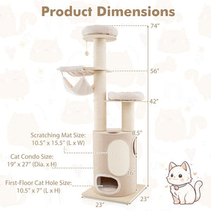 74 Inches Tall Wooden Cat Tower Tree with 2-Story Cat Condo and Washable Cushions-Natural view 4