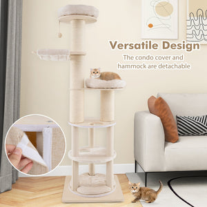 74 Inches Tall Wooden Cat Tower Tree with 2-Story Cat Condo and Washable Cushions-Natural view 5