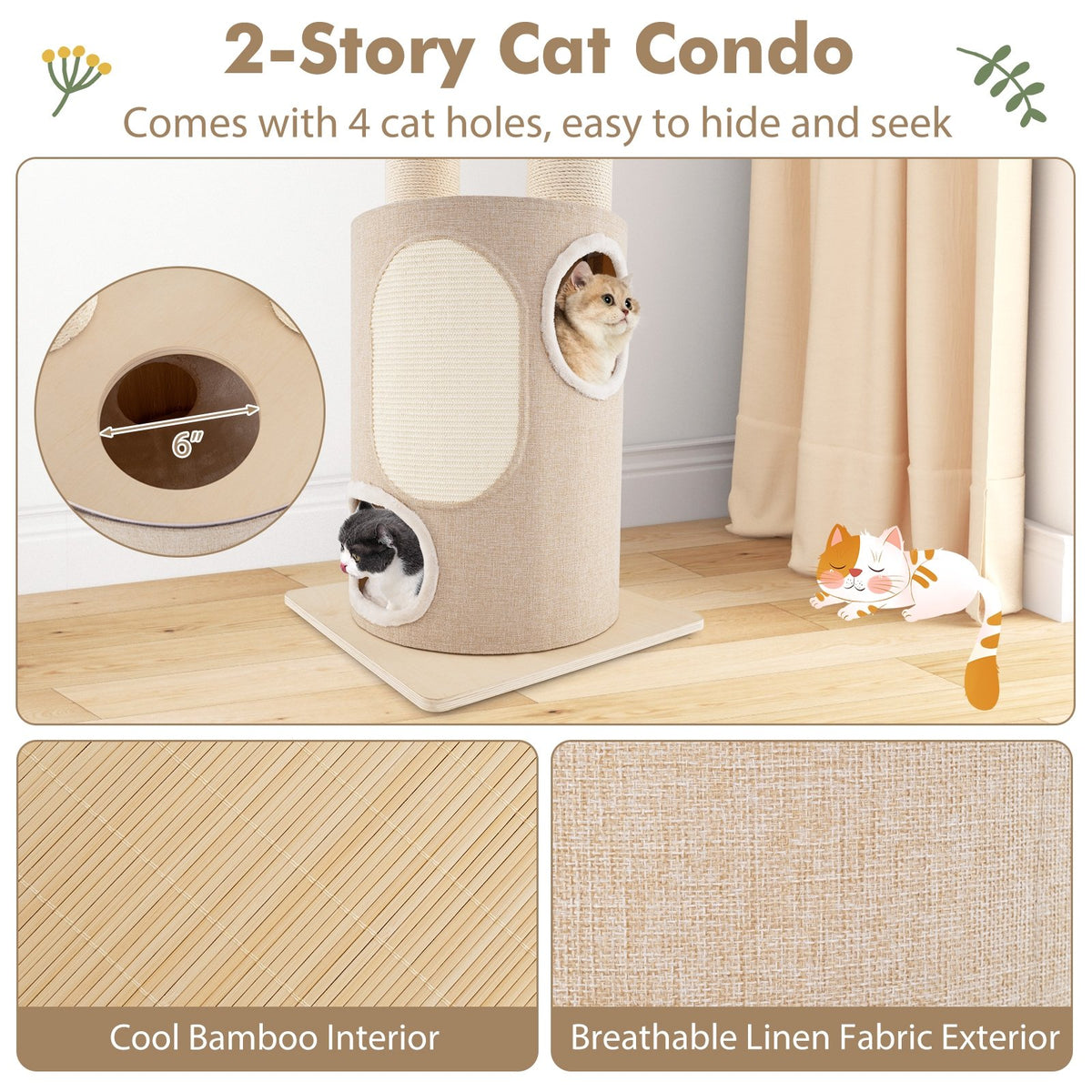 74 Inches Tall Wooden Cat Tower Tree with 2-Story Cat Condo and Washable Cushions-Natural view 6