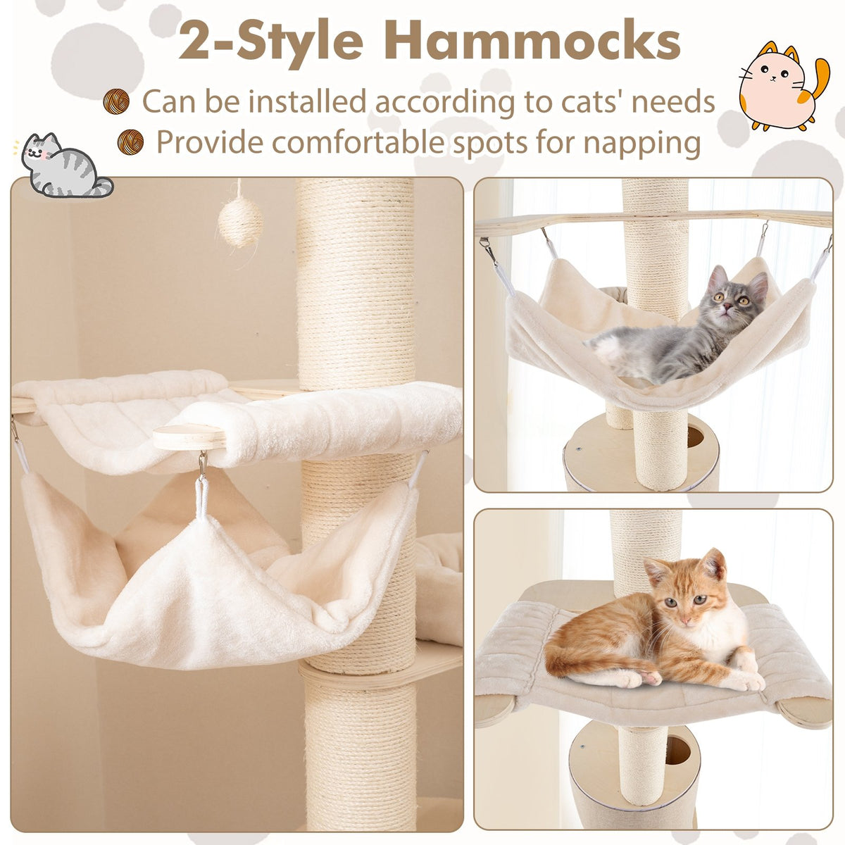 74 Inches Tall Wooden Cat Tower Tree with 2-Story Cat Condo and Washable Cushions-Natural view 7