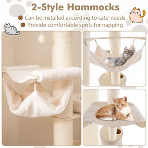 74 Inches Tall Wooden Cat Tower Tree with 2-Story Cat Condo and Washable Cushions-Natural view 7