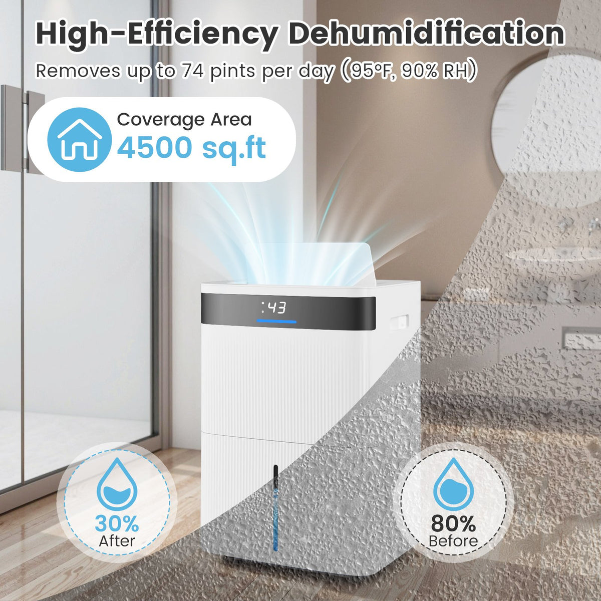 74 Pints Dehumidifier for Home 4500 Sq.Ft Dehumidifier-White view 5