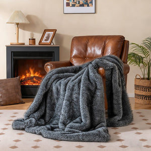 740GSM Soft Plush Fuzzy Luxury Faux Wolf Fur Blanket for Sofa-Gray view 2