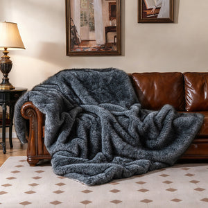 740GSM Soft Plush Fuzzy Luxury Faux Wolf Fur Blanket for Sofa-Gray view 3