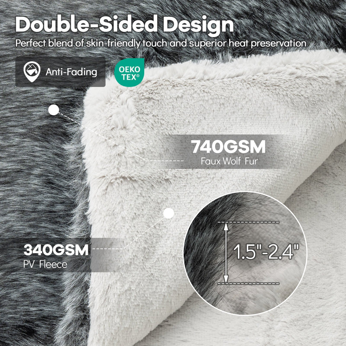 740GSM Soft Plush Fuzzy Luxury Faux Wolf Fur Blanket for Sofa-Gray view 9