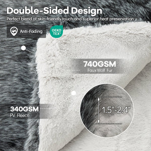 740GSM Soft Plush Fuzzy Luxury Faux Wolf Fur Blanket for Sofa-Gray view 9