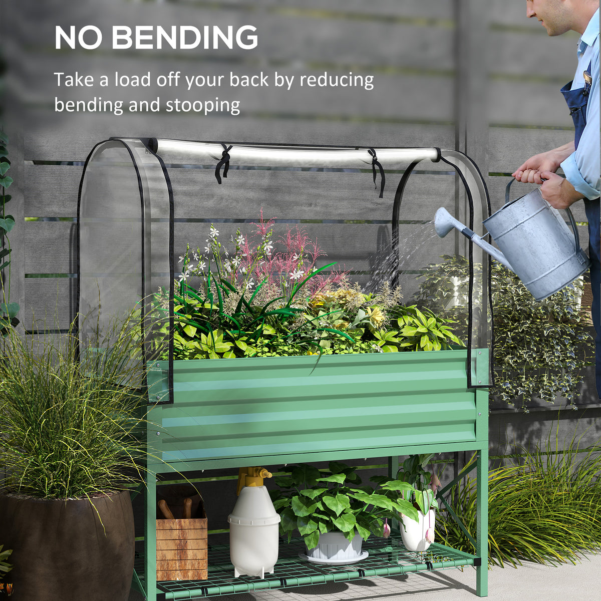 Raised Garden Bed with Cover, Metal Elevated Planter Box with Bottom Shelf and Liner, Black – view 27