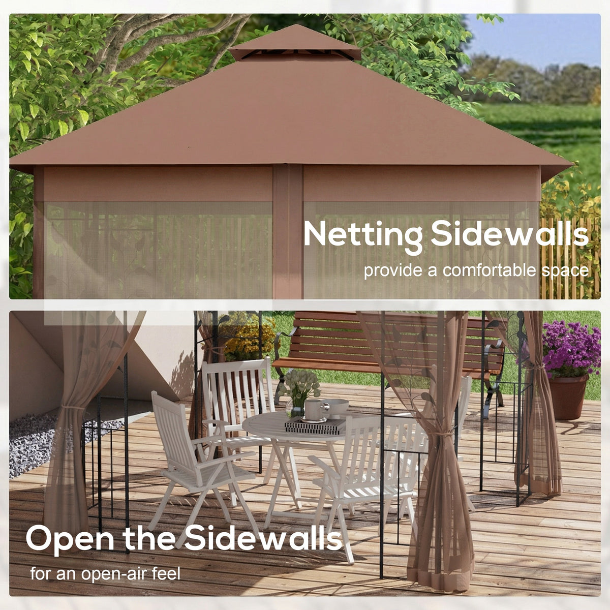 10'x10' Soft-top Steel Patio Gazebo Outdoor Sun Shelter with 2-Tier Polyester Roof, Curtain Sidewalls, Beige – view 33