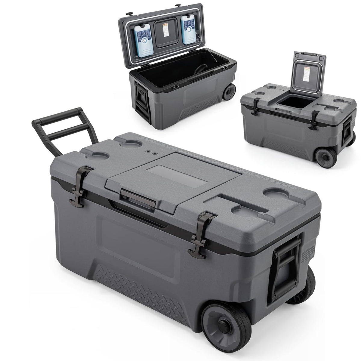 74 Quart Portable Rolling Cooler with Fish Ruler for Outdoor-Gray view 3