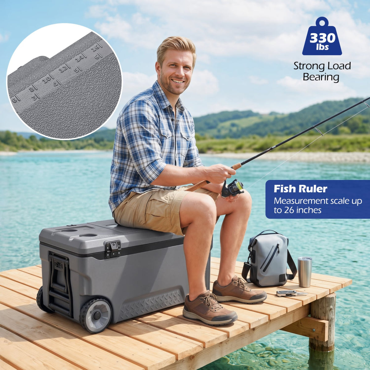 74 Quart Portable Rolling Cooler with Fish Ruler for Outdoor-Gray view 5