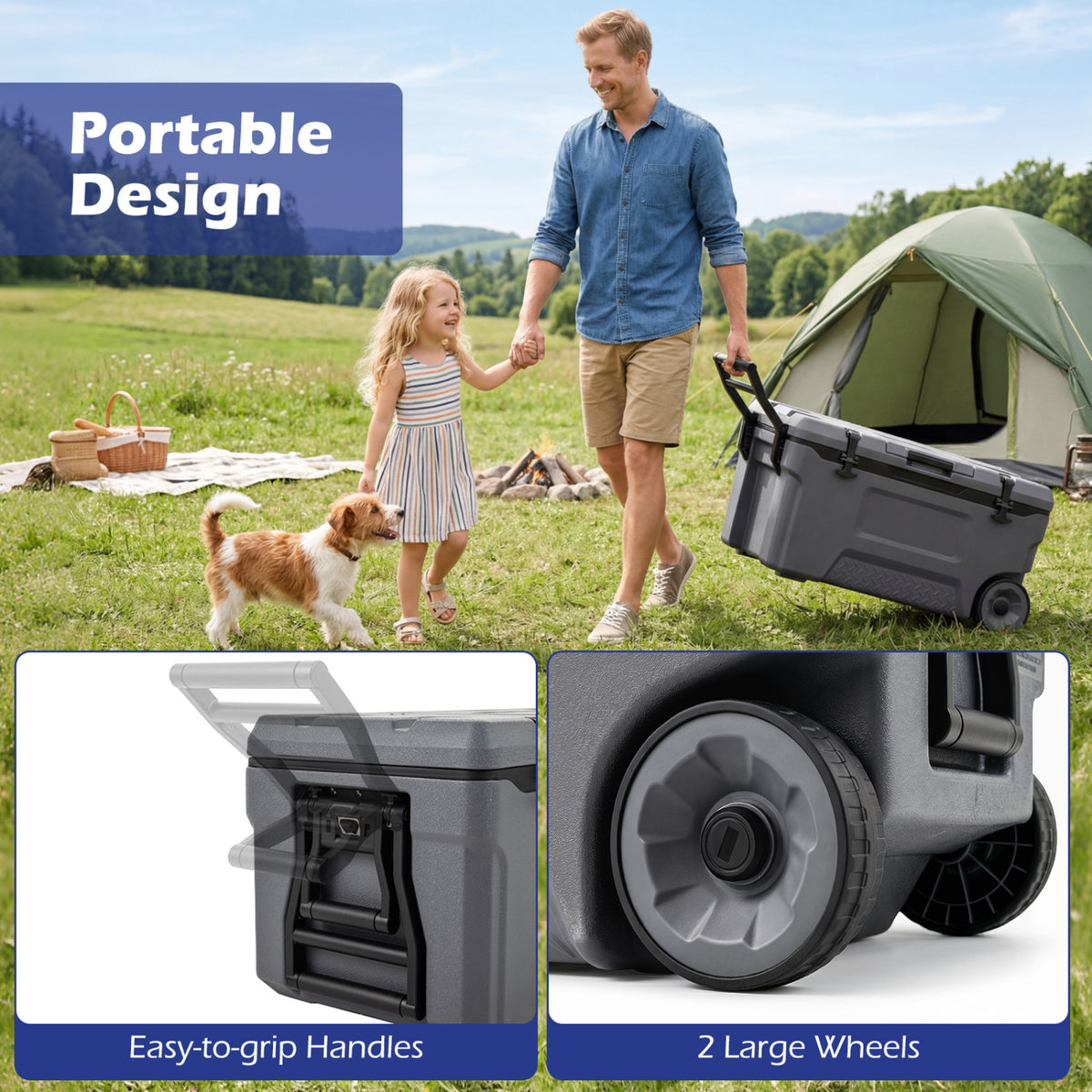 74 Quart Portable Rolling Cooler with Fish Ruler for Outdoor-Gray view 8
