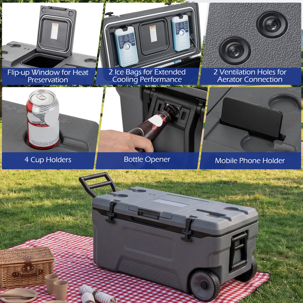 74 Quart Portable Rolling Cooler with Fish Ruler for Outdoor-Gray view 9