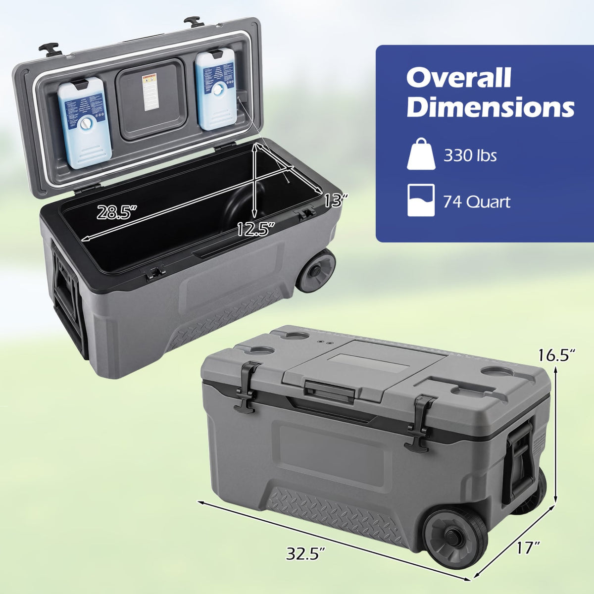 74 Quart Portable Rolling Cooler with Fish Ruler for Outdoor-Gray view 4