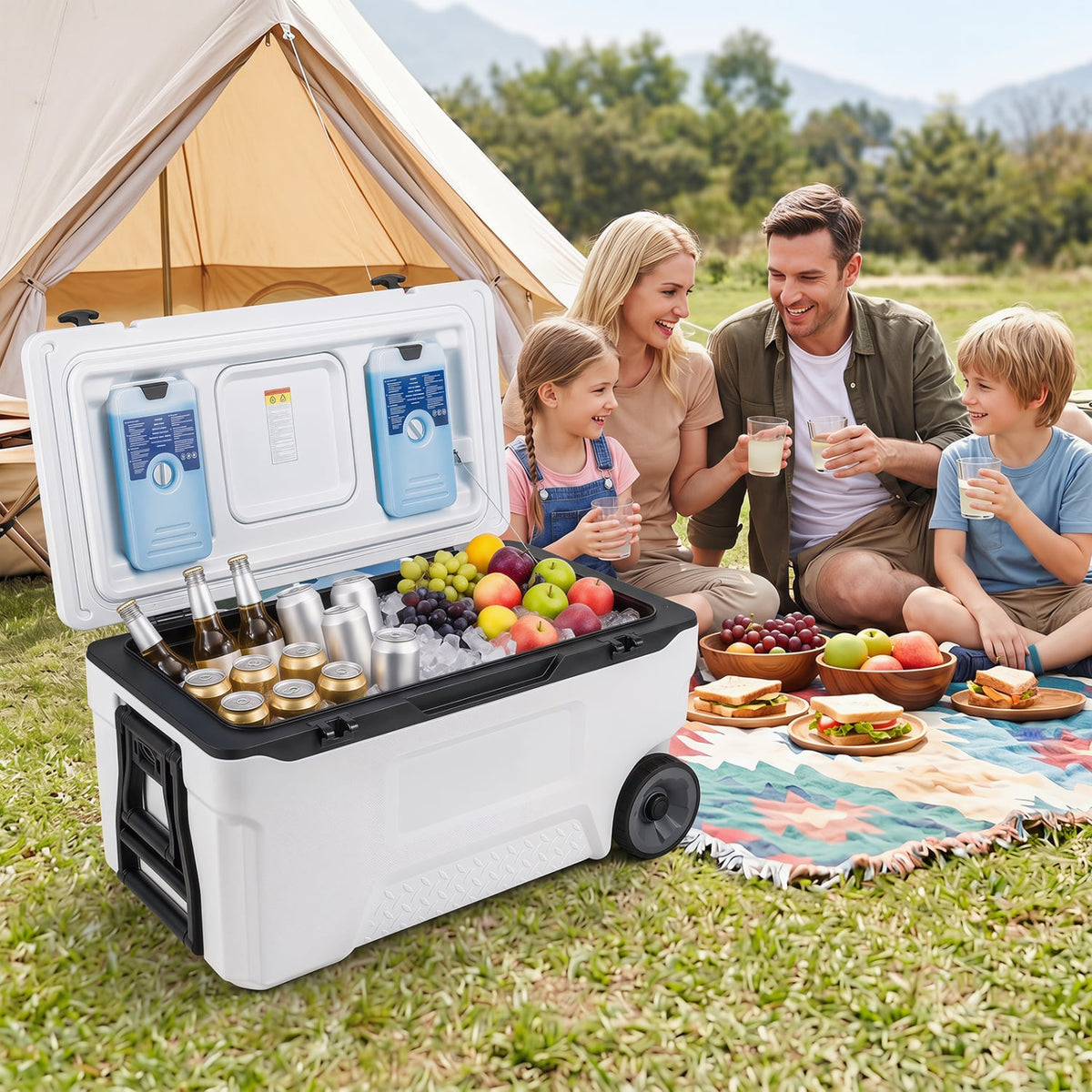 74 Quart Portable Rolling Cooler with Fish Ruler for Outdoor-White view 2