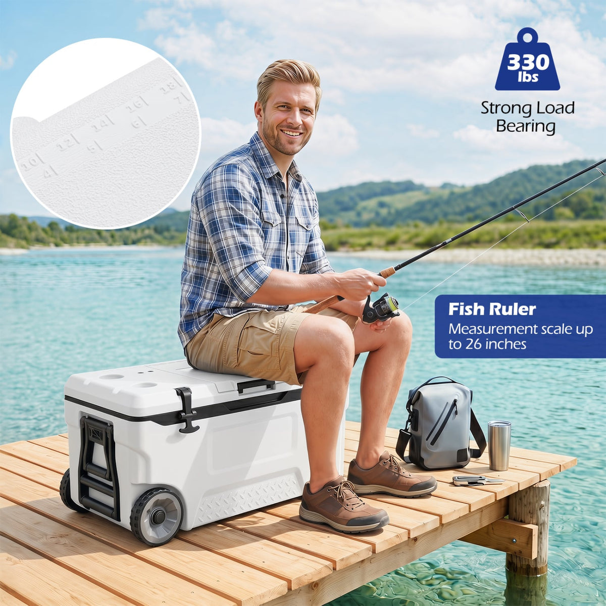 74 Quart Portable Rolling Cooler with Fish Ruler for Outdoor-White view 5