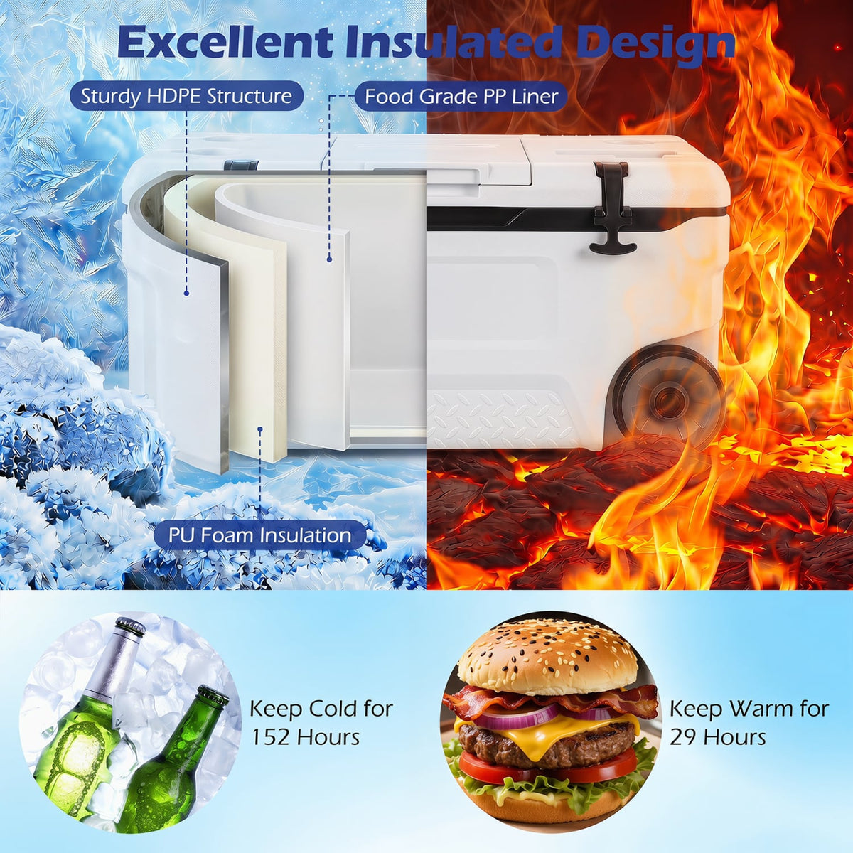 74 Quart Portable Rolling Cooler with Fish Ruler for Outdoor-White view 6