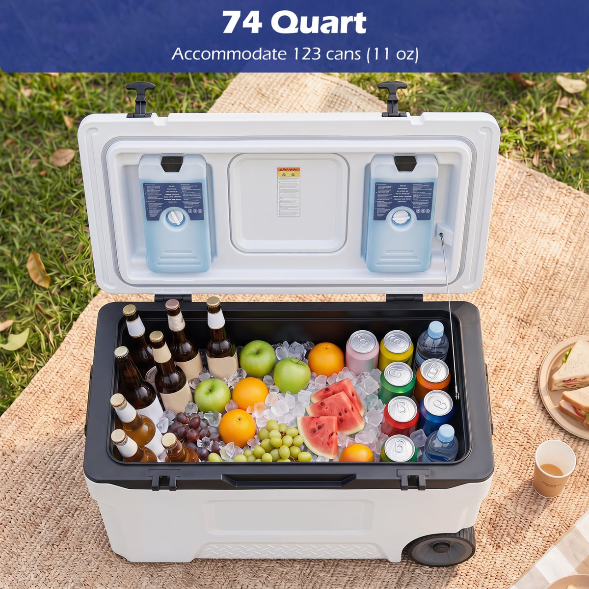 74 Quart Portable Rolling Cooler with Fish Ruler for Outdoor-White view 7