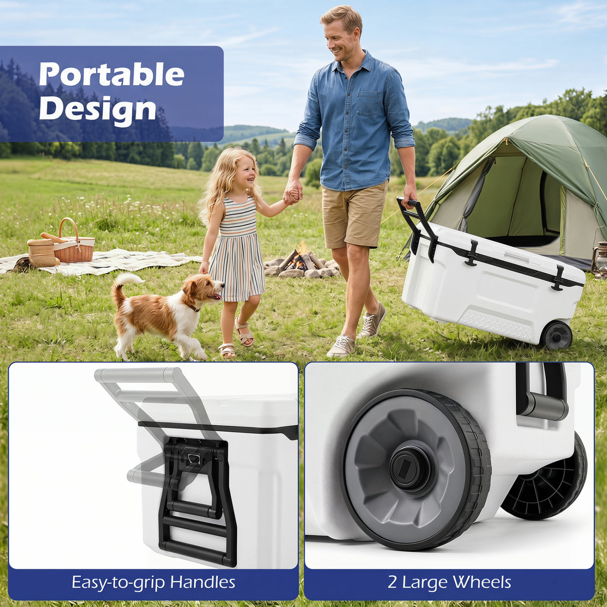 74 Quart Portable Rolling Cooler with Fish Ruler for Outdoor-White view 8