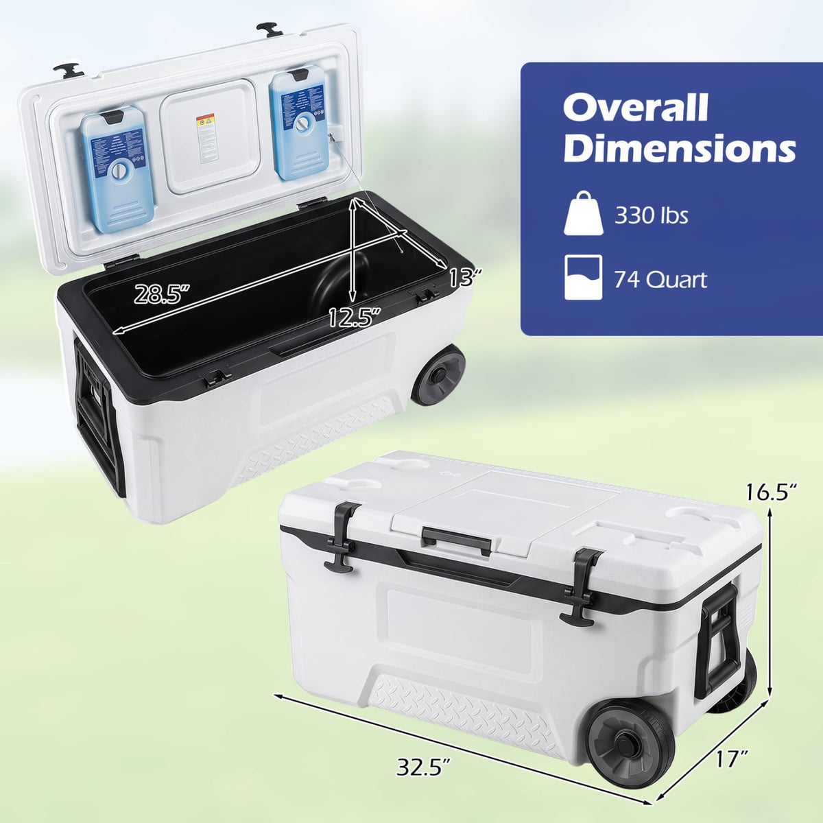 74 Quart Portable Rolling Cooler with Fish Ruler for Outdoor-White view 4