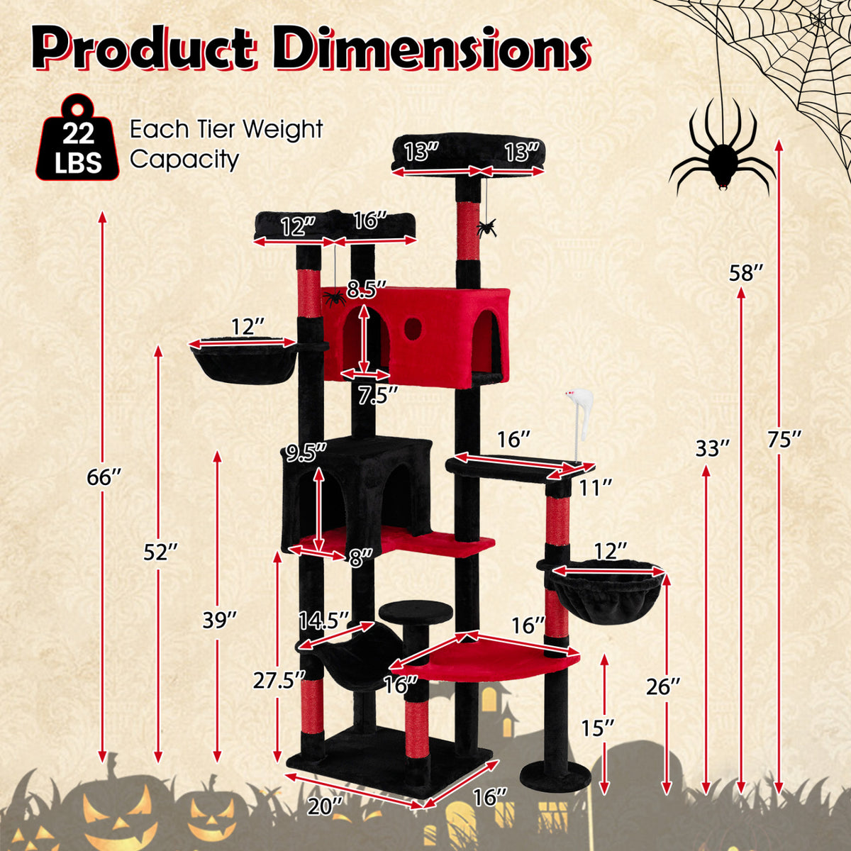 75 Inch Gothic Cat Tree with 2 Plush Perches for Indoor Cats view 5