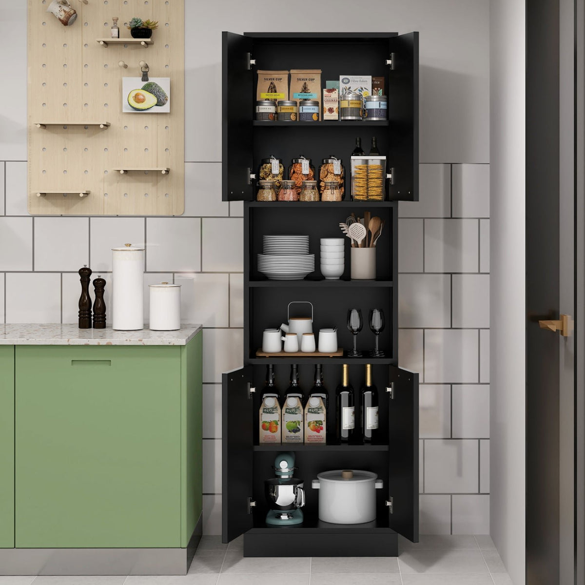 75 Inch Kitchen Pantry Cabinet Tall Cupboard with Doors and Shelves-Black view 3