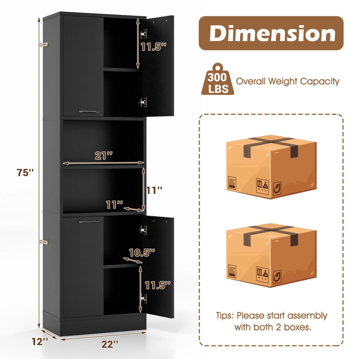 75 Inch Kitchen Pantry Cabinet Tall Cupboard with Doors and Shelves-Black view 5