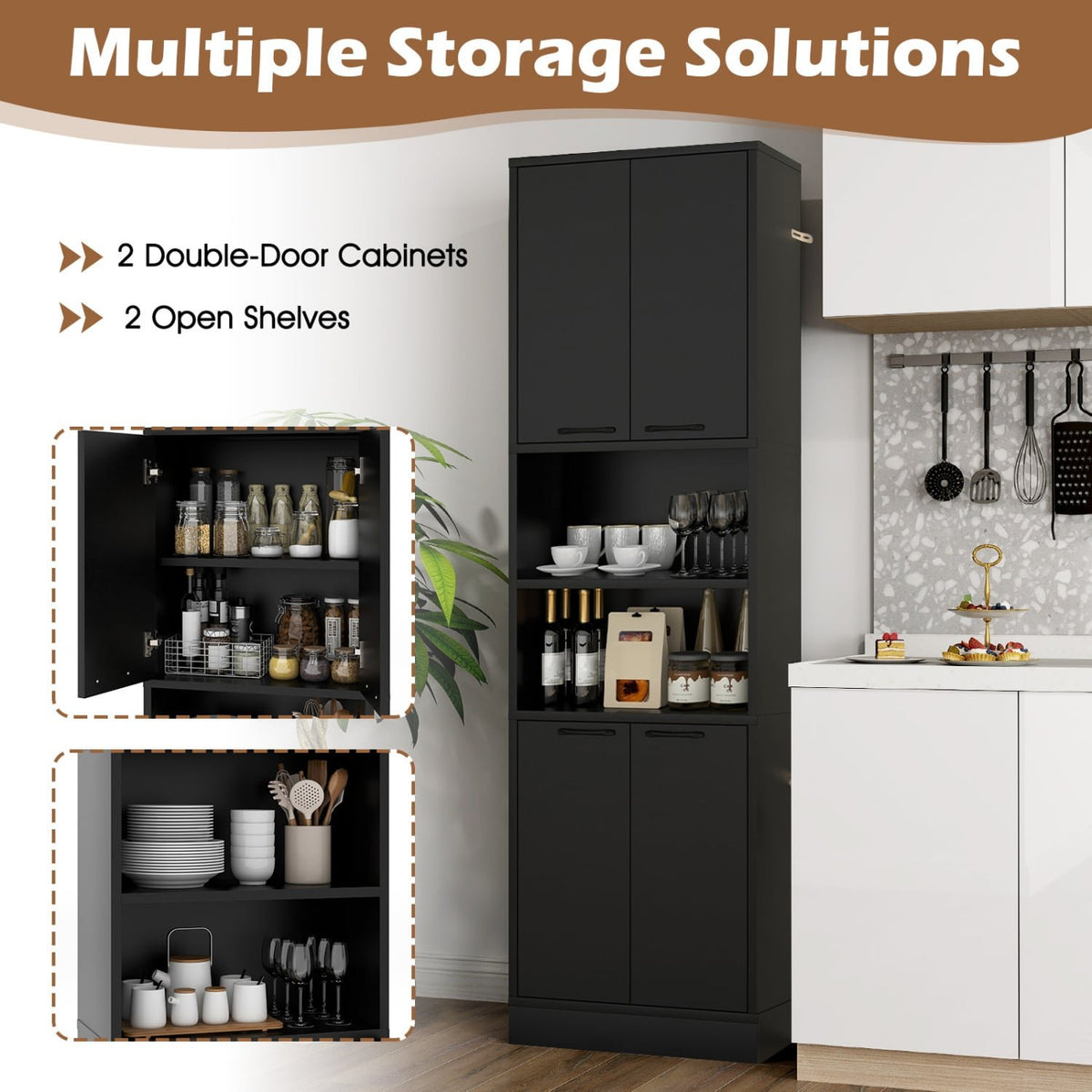 75 Inch Kitchen Pantry Cabinet Tall Cupboard with Doors and Shelves-Black view 7