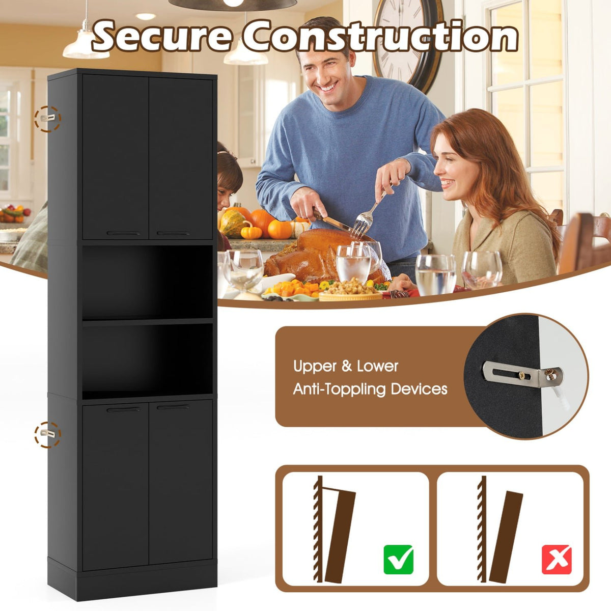 75 Inch Kitchen Pantry Cabinet Tall Cupboard with Doors and Shelves-Black view 8