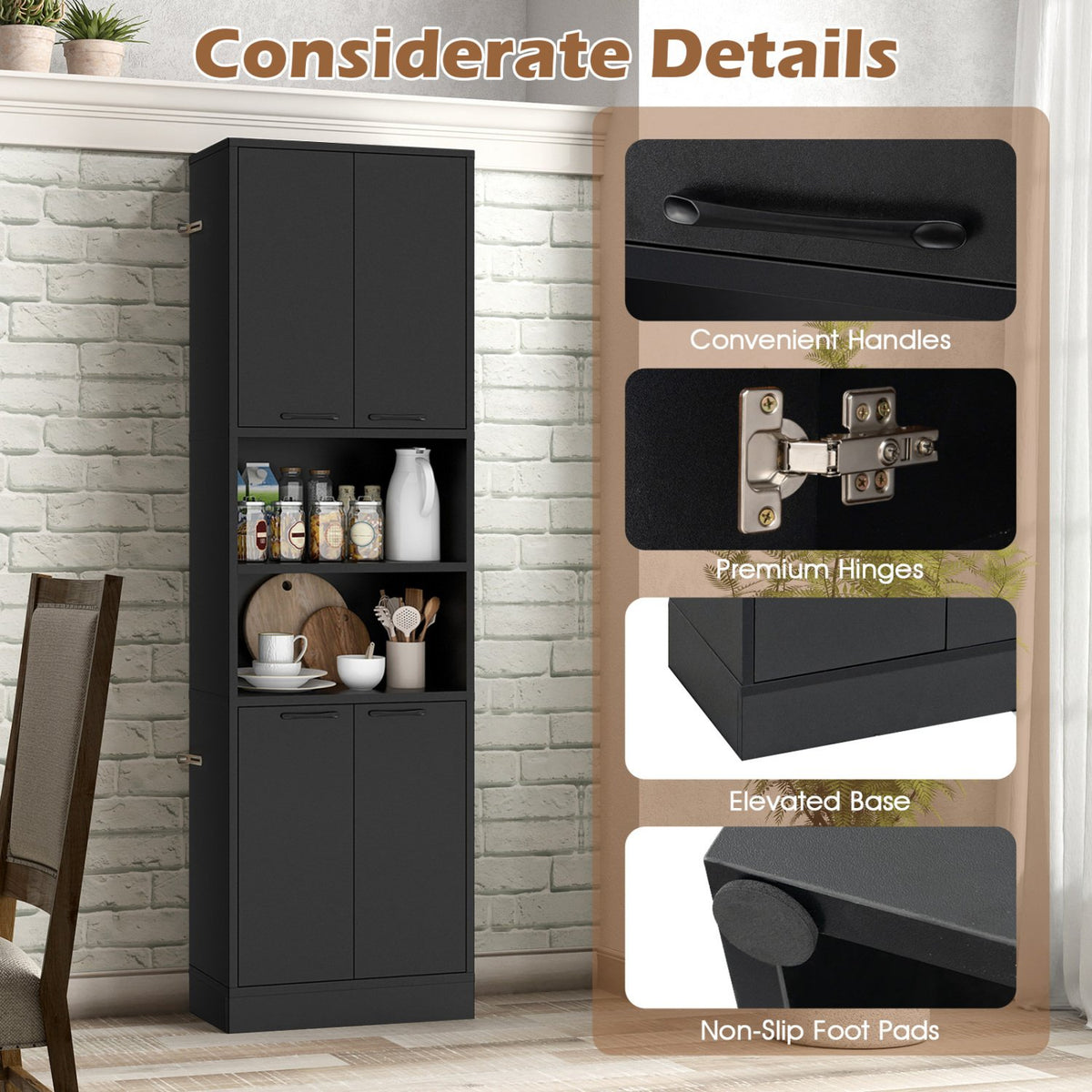 75 Inch Kitchen Pantry Cabinet Tall Cupboard with Doors and Shelves-Black view 9