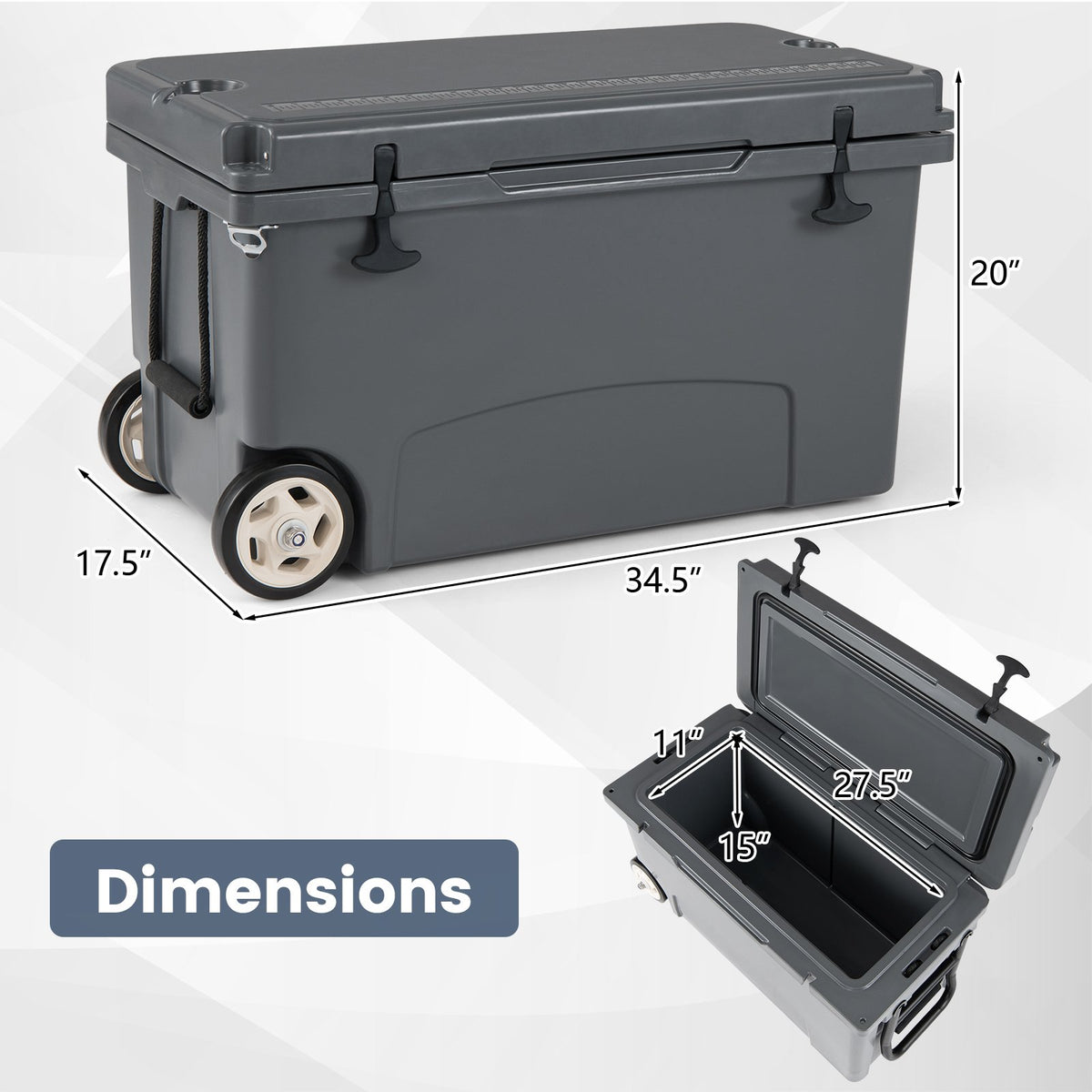 75 Quart Portable Hard Cooler with 6-Day Ice Retention and Wheels-Gray view 3